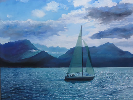 Boat Sailing On Lake at Montreux - Painting in Surrey Art Gallery