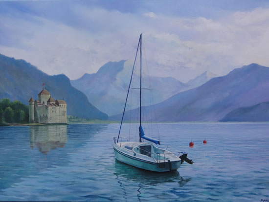 Boat On Lake at Montreux - Painting in Surrey Art Gallery