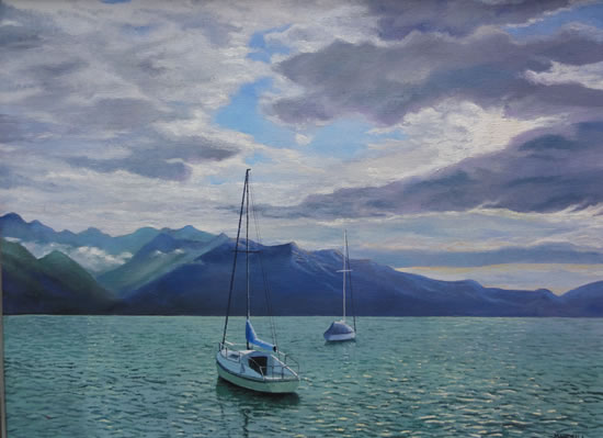 Sailing Boats On Lake at Montreux - Painting in Surrey Art Gallery