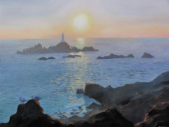 Lighthouse at Sunset at La Corbiere Jersey - Painting in Surrey Art Gallery